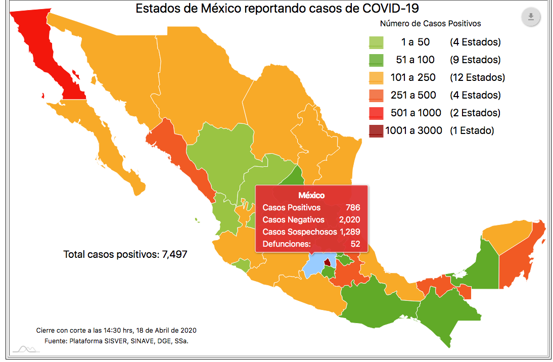Foto: Mapa de los casos confirmados de coronavirus en el Estado de México , 18 de abril de 2020 (Ssa)