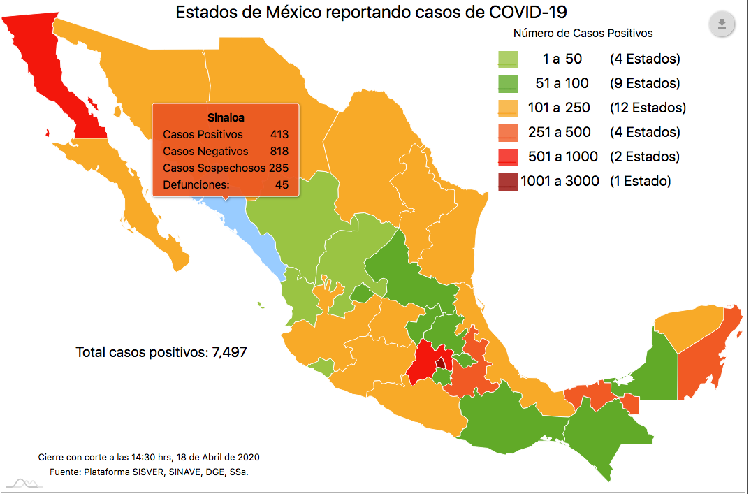 Foto: Mapa de los casos confirmados de coronavirus enSinaloa , 18 de abril de 2020 (Ssa)