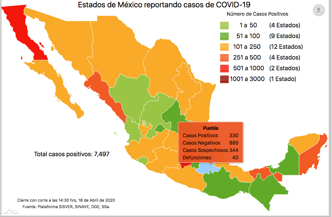 Foto: Mapa de los casos confirmados de coronavirus en Puebla , 18 de abril de 2020 (Ssa)