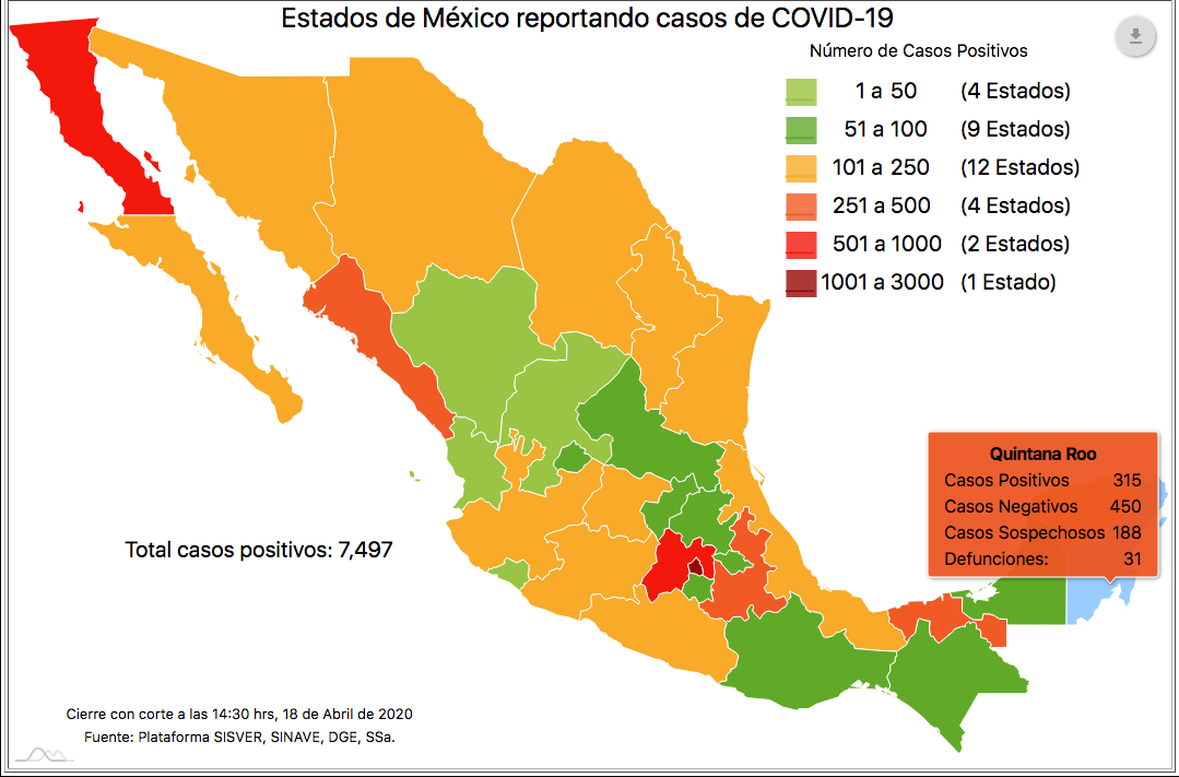Foto: Mapa de los casos confirmados de coronavirus en Quintana Roo, 18 de abril de 2020 (Ssa)
