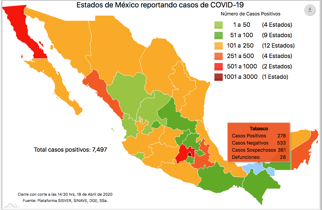 Foto: Mapa de los casos confirmados de coronavirus en Tabasco, 18 de abril de 2020 (Ssa)