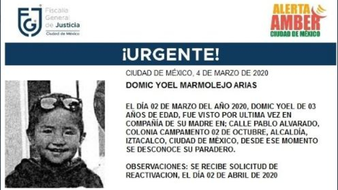 Activan Alerta Amber para localizar a Domic Yoel Marmolejo Arias, 3 abril 2020