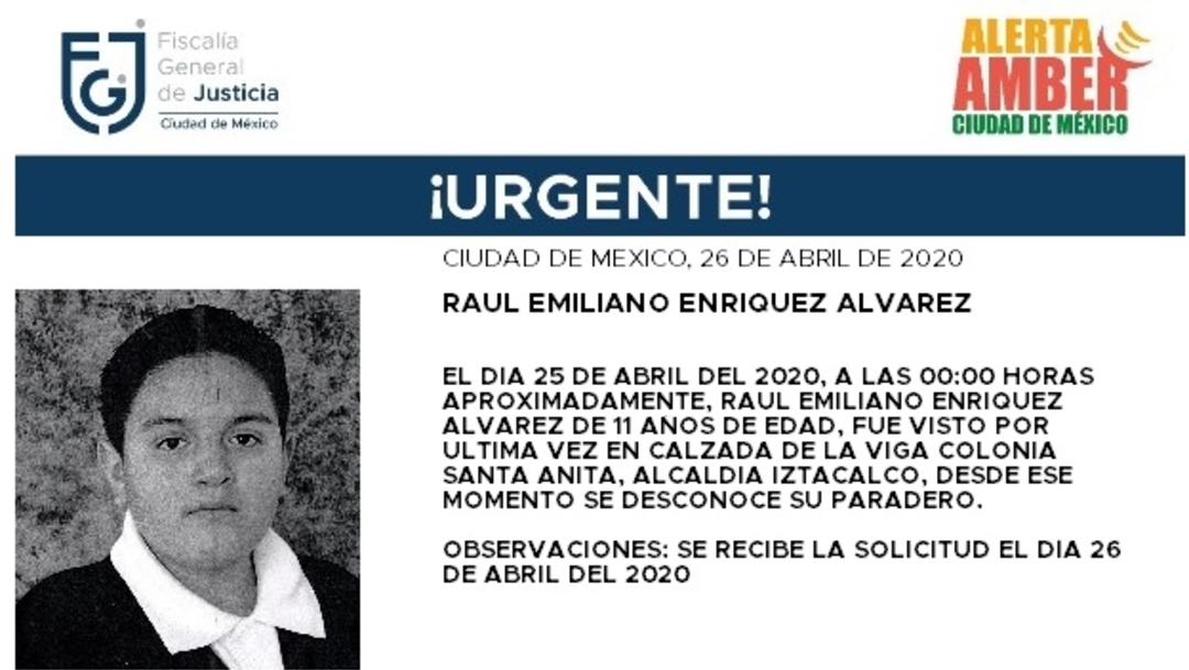 FOTO: Activan Alerta Amber para localizar a Raúl Emiliano Enríquez Álvarez, el 27 de abril de 2020