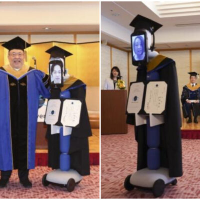 Por coronavirus, robots recogen diplomas de estudiantes recién graduados