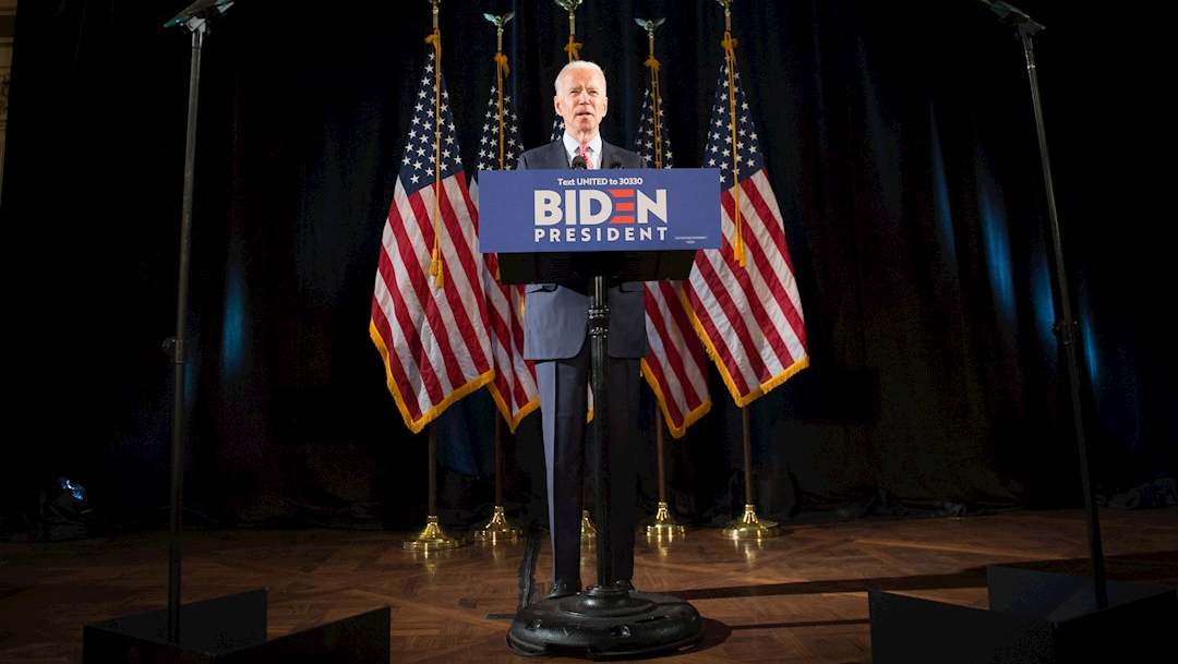 Fotografía que muestra al candidato Demócrata Joe Biden durante su discurso, 5 abril 2020