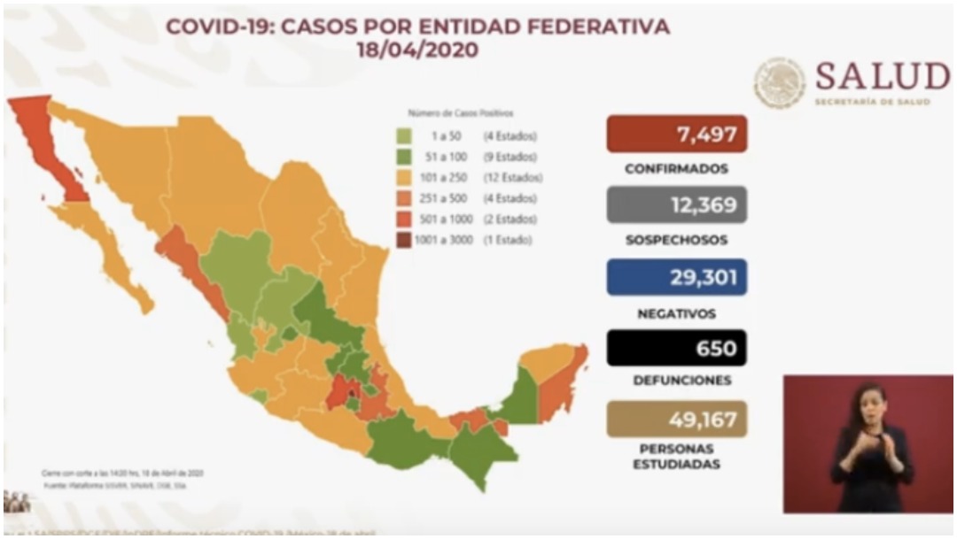 Foto: Mapa de casos y muertes en México al 18 de abril de 2020 (Ssa)