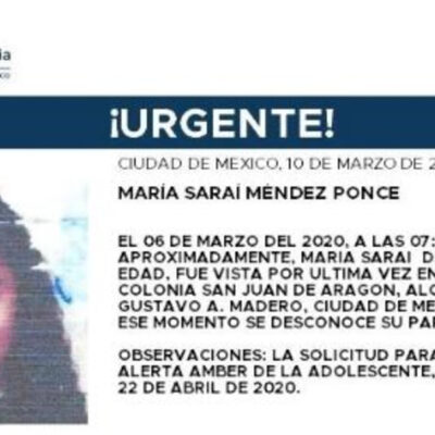 Activan Alerta Amber para localizar a María Saraí Méndez Ponce