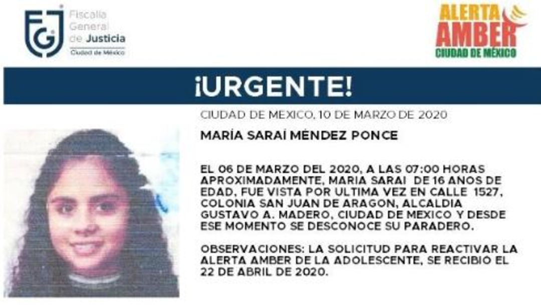 Foto: Activan Alerta Amber para localizar a María Saraí Méndez Ponce, 23 abril 2020