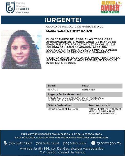 Foto: Activan Alerta Amber para localizar a María Saraí Méndez Ponce, 23 abril 2020