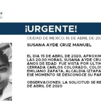 Activan Alerta Amber para localizar a Susana Ayde Cruz Manuel