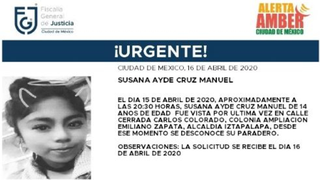 Activan Alerta Amber para localizar a Susana Ayde Cruz Manuel. (Foto: @FiscaliaCDMX)