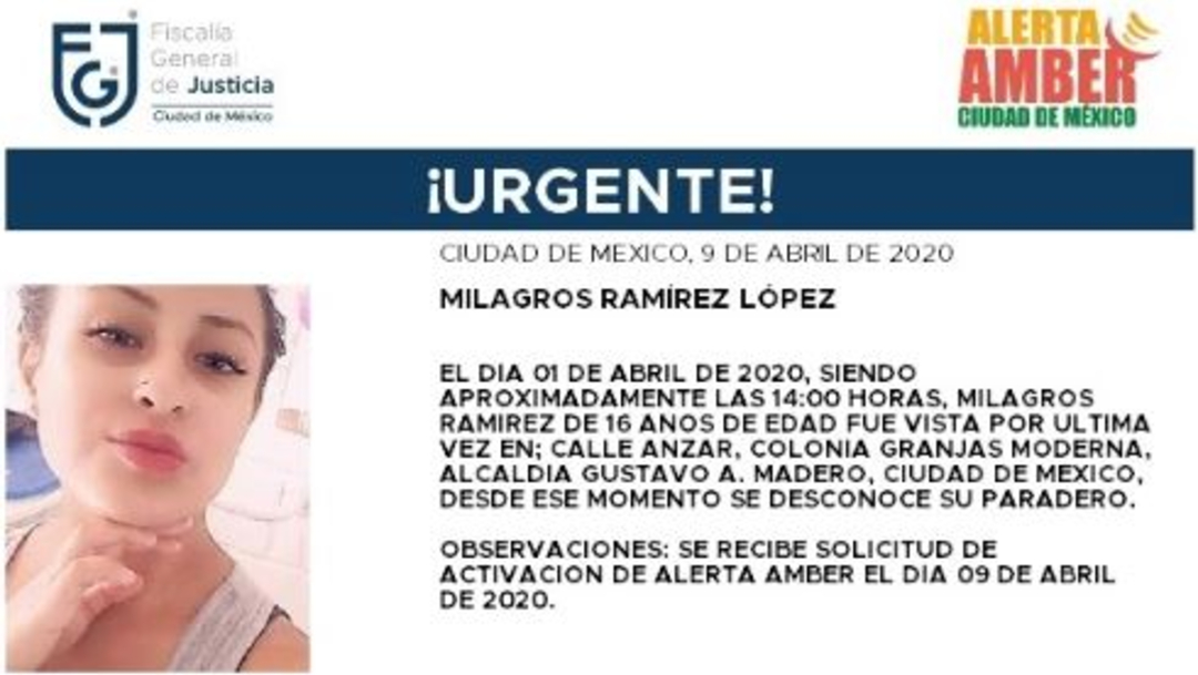 Foto: Activan Alerta Amber para localizar a Milagros Ramírez López