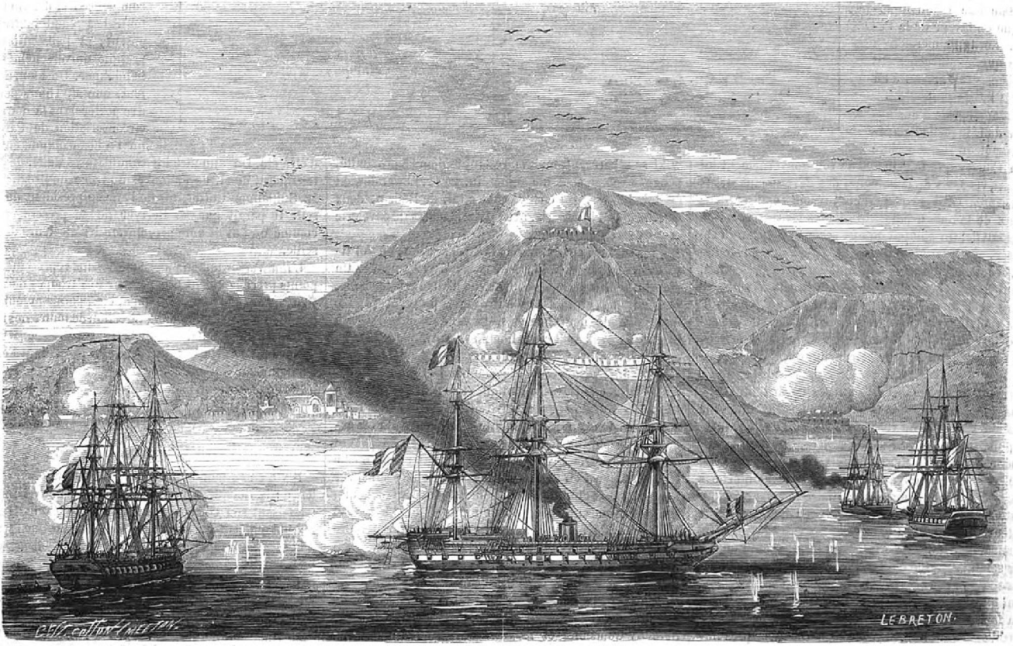 Grabado de la entrada de la armada francesa en el puerto de Acapulco, 1863