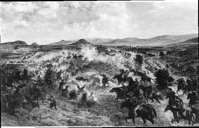 Grabado que muestra la batalla de Miahuatlán, una escena de la Invasión Francesa a México en 1866. 