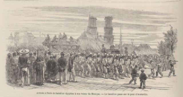 Grabado de Le Monde Ilustré que muestra la llegada del batallón egipcio a Francia después de la invasión a México. 