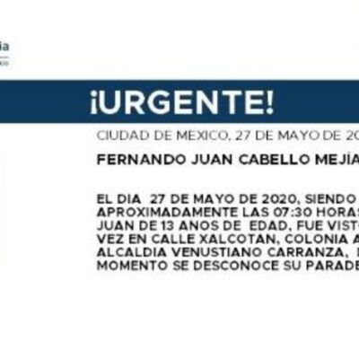 Activan Alerta Amber para localizar a Fernando Juan Cabello Mejía