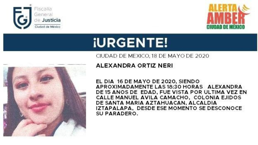 FOTO: Activan Alerta Amber para localizar a Alexandra Ortiz Neri, el 19 de mayo de 2020