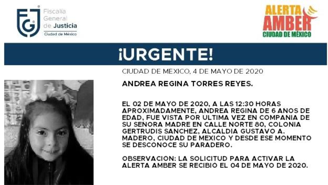 FOTO: Activan Alerta Amber para localizar a Andrea Regina Torres Reyes, el 5 de mayo de 2020