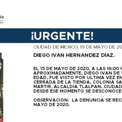 Activan Alerta Amber para localizar a Diego Iván Hernández Díaz