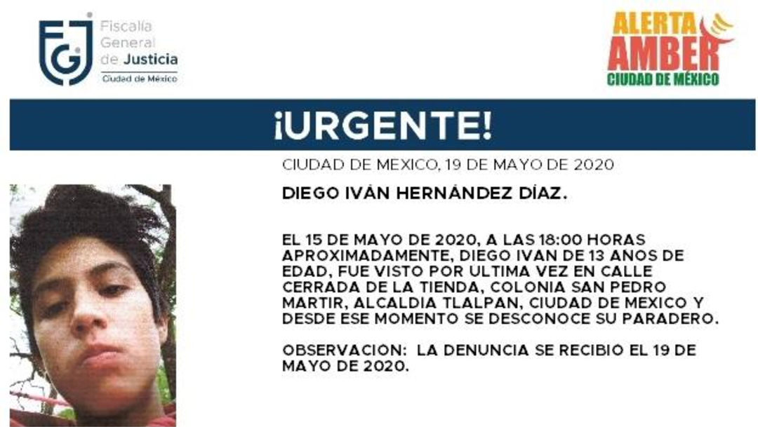FOTO:Activan Alerta Amber para localizar a Diego Iván Hernández Díaz, el 20 de mayo de 2020