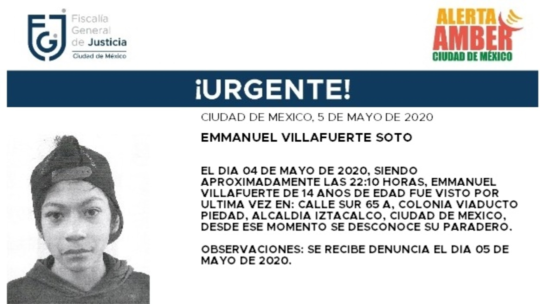 FOTO: Activan Alerta Amber para localizar a Emmanuel Villafuerte Soto, el 06 de mayo de 2020