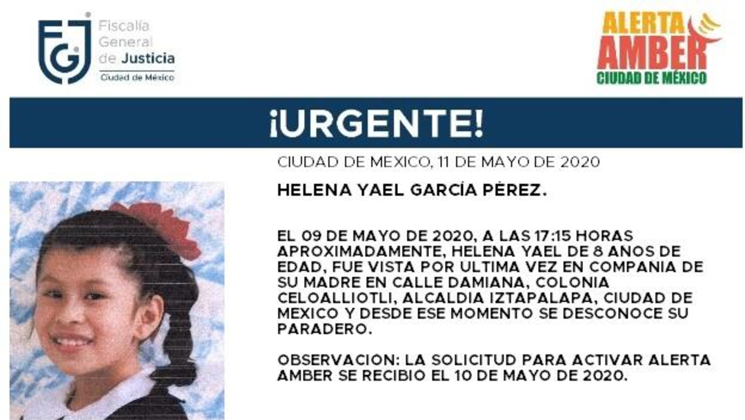 FOTO: Activan Alerta Amber para localizar a Helena Yael García Pérez, el 12 de mayo de 2020