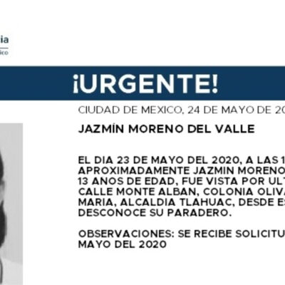 Activan Alerta Amber para localizar a Jazmín Moreno del Valle