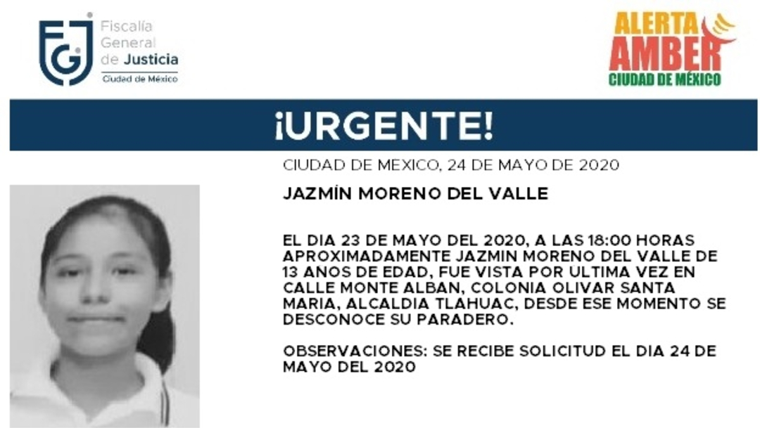 FOTO: Activan Alerta Amber para localizar a Jazmín Moreno del Valle, el 25 de mayo de 2020