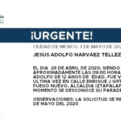 Activan Alerta Amber para localizar a Jesús Adolfo Narváez Téllez