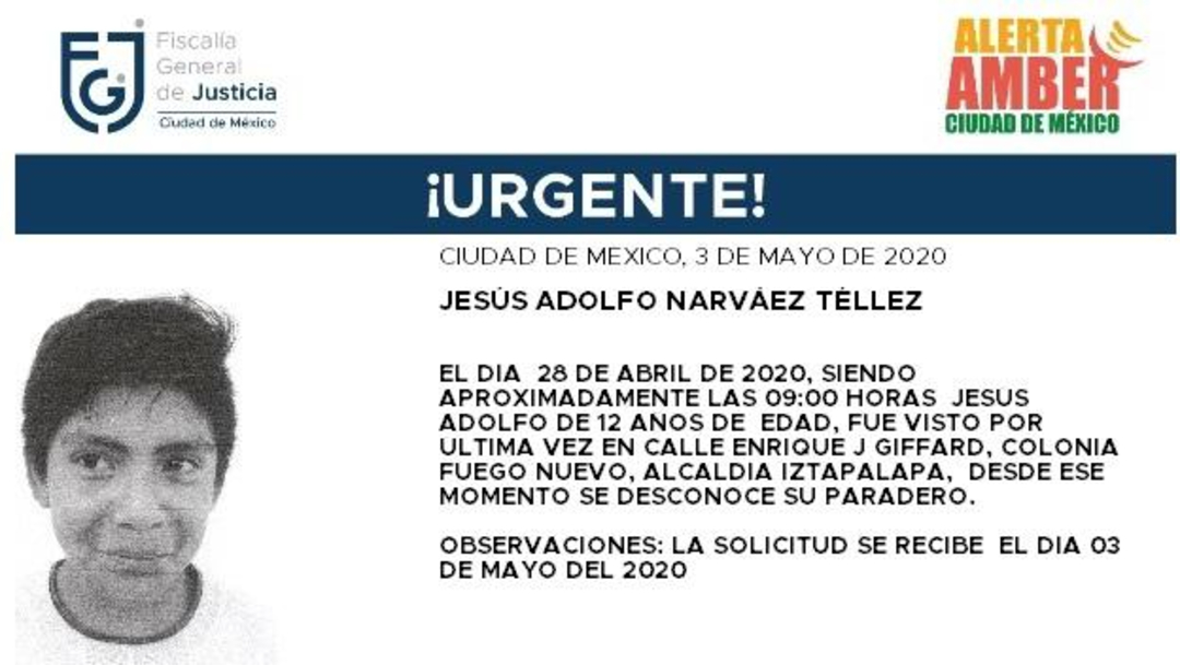 FOTO: Activan Alerta Amber para localizar a Jesús Adolfo Narváez Téllez, el 04 de mayo de 2020
