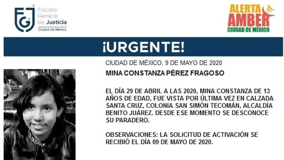 FOTO: Alerta Amber para localizar a Mina Constanza Pérez Fragoso, el 11 de mayo de 2020