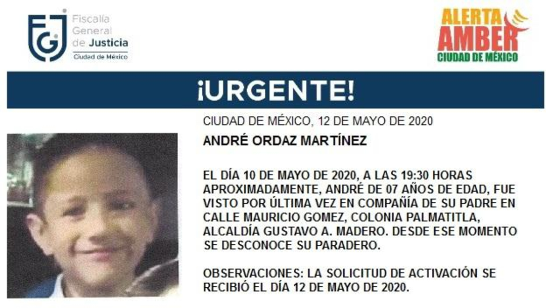 FOTO: Activan Alerta Amber para localizar a André Ordaz Martínez, el 13 de mayo de 2020