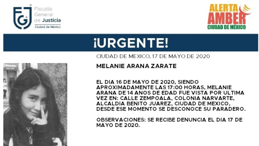 FOTO: Activan Alerta Amber para localizar a Melanie Arana Zárate, el 18 de mayo de 2020
