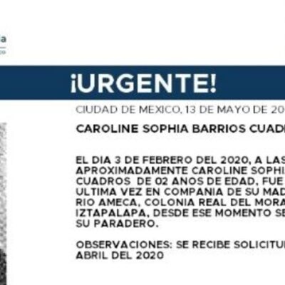 Activan Alerta Amber para localizar a Caroline Sophia Barrios Cuadros