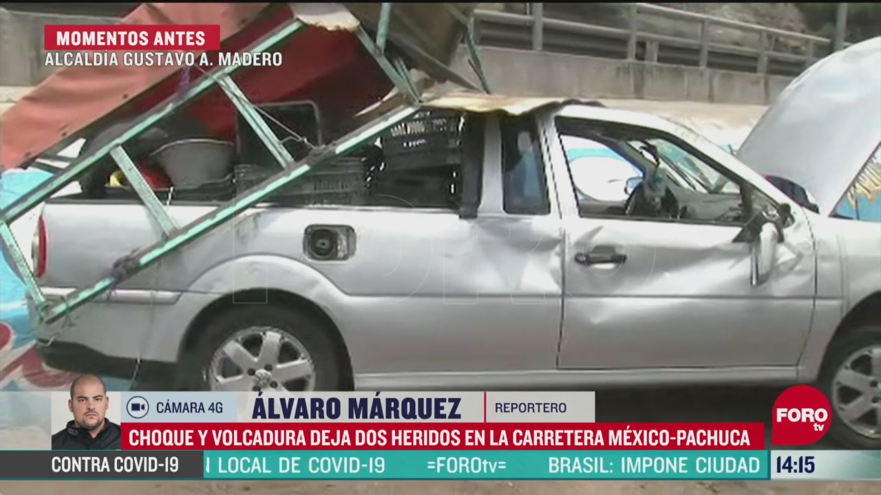 FOTO: 9 de mayo 2020, dos heridos tras choque y volcadura en la carretera mexico pachuca