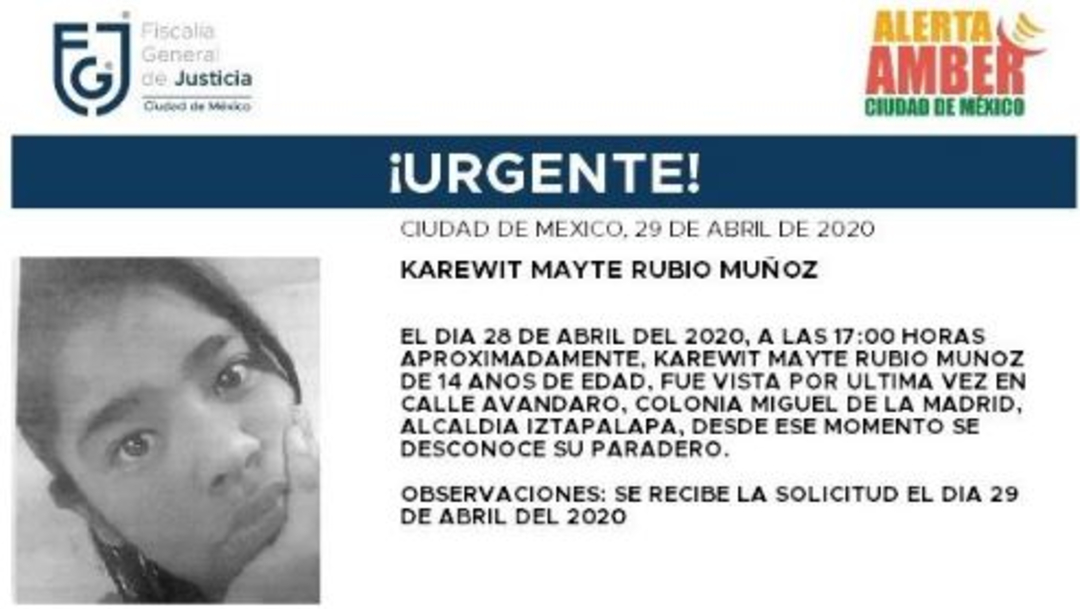 Activan Alerta Amber para localizar a Karewit Mayte Rubio Muñoz. (@FiscaliaCDMX)