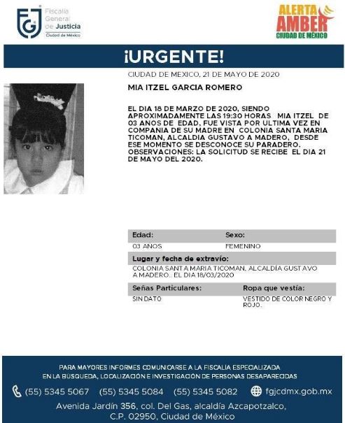 Activan Alerta Amber para localizar a Mía Itzel García Romero.(Foto: @FiscaliaCDMX)