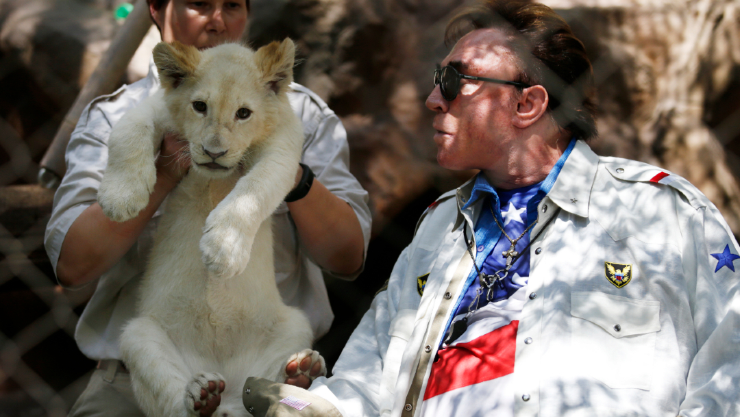 El mago Roy Horn mira a un cachorro de león blanco. (Foto: AP/archivo)