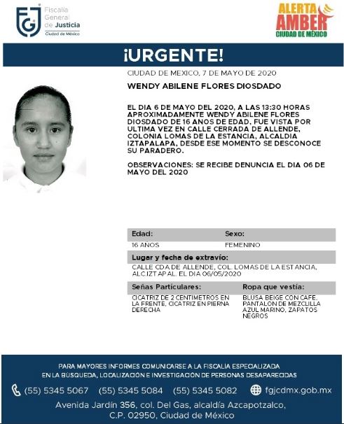 Activan Alerta Amber para localizar a Wendy Abilene Flores Diosdado. (@FiscaliaCDMX)