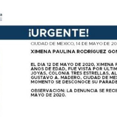 Activan Alerta Amber para localizar a Ximena Paulina Rodríguez González