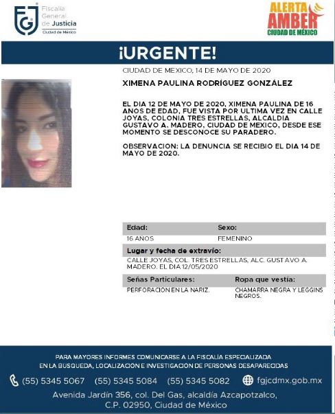 Activan Alerta Amber para localizar a Ximena Paulina Rodríguez González. (Foto: @FiscaliaCDMX)