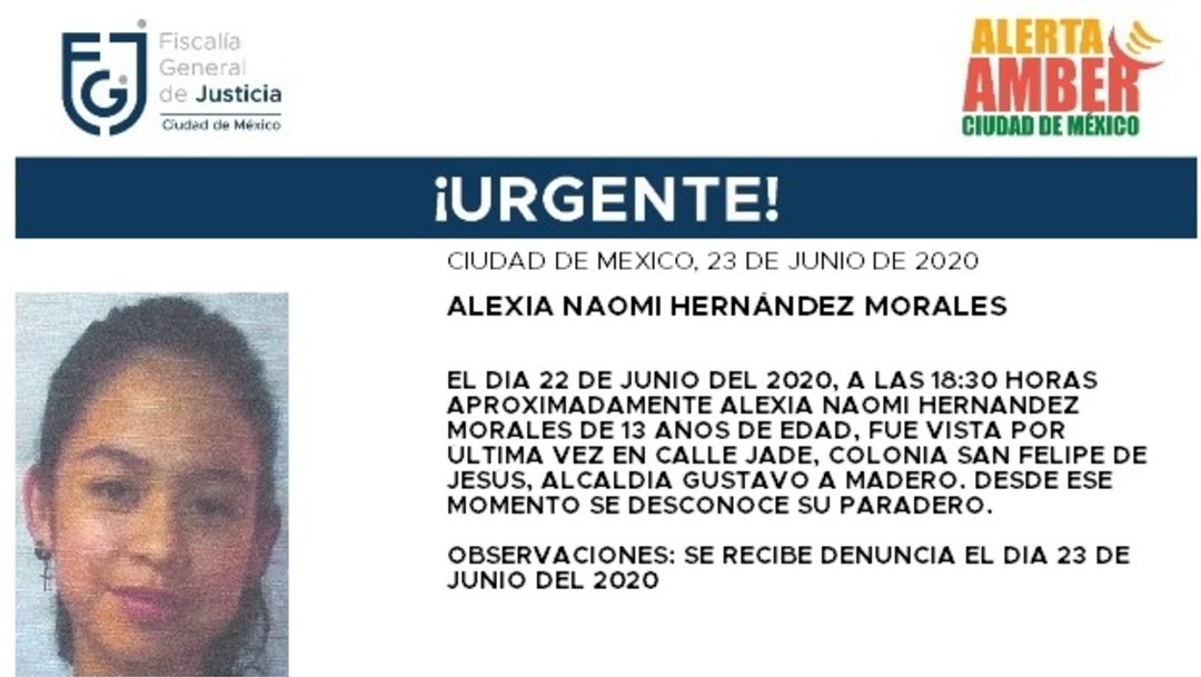 FOTO: Activan Alerta Amber para localizar a Alexia Naomi Hernández Morales, el 24 d ejunio de 2020
