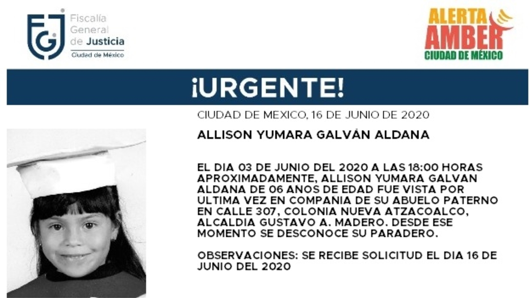 FOTO: Activan Alerta Amber para localizar a Allison Yumara Galván Aldana, el 17 de junio de 2020