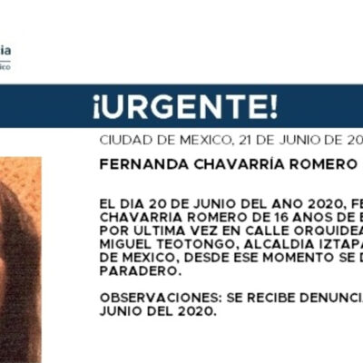 Activan Alerta Amber para localizar a Fernanda Chavarría Romero