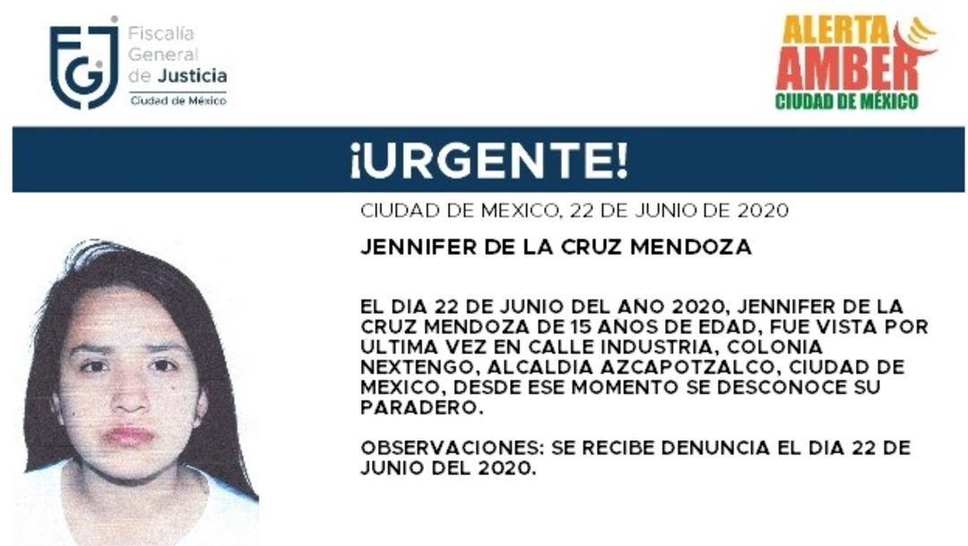 FOTO: Activan Alerta Amber para localizar a Jennifer de la Cruz Mendoza, el 23 de junio de 2020