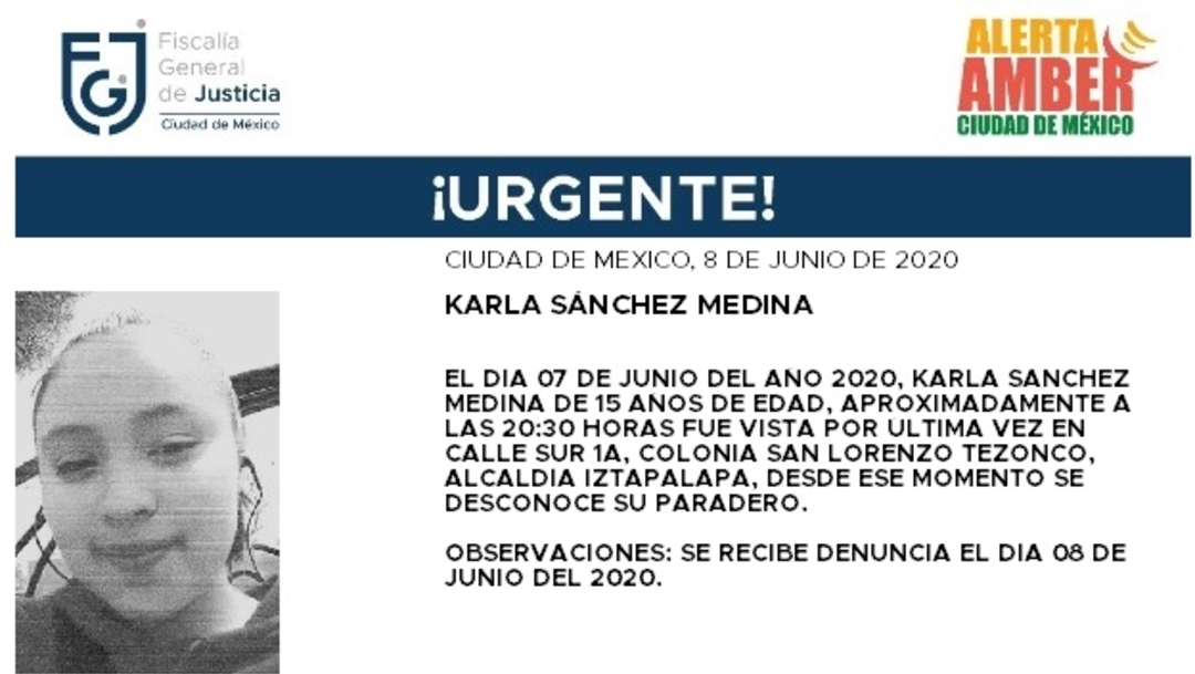 FOTO: Activan Alerta Amber para localizar a Karla Sánchez Medina, el 09 de junio de 2020