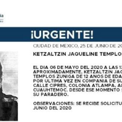Activan Alerta Amber para localizar a Ketzaltzin Jacqueline Templos Zúñiga
