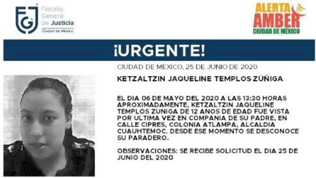 Activan Alerta Amber para localizar a Ketzaltzin Jacqueline Templos Zúñiga.
