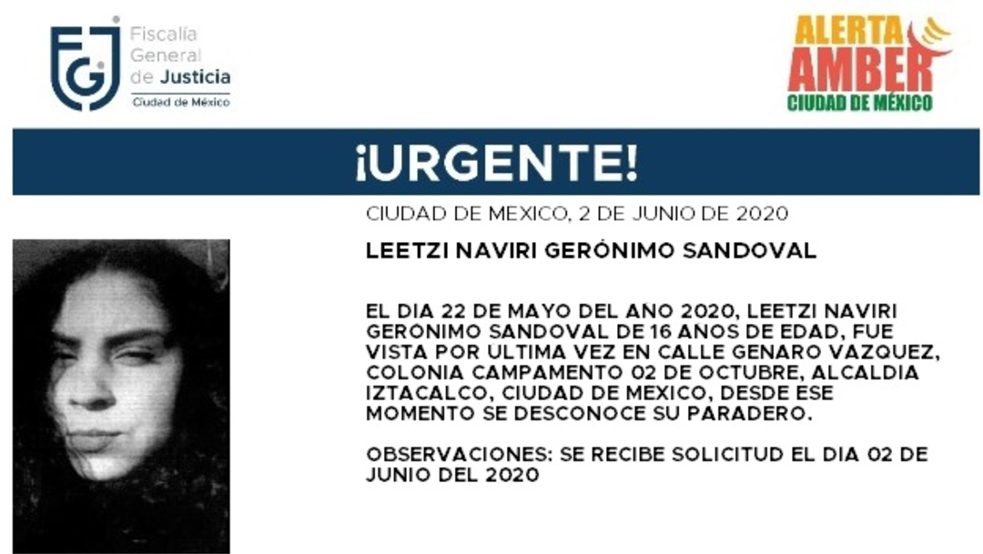 FOTO: Activan Alerta Amber para localizar a Leetzi Naviri Gerónimo Sandoval, el 03 de junio de 2020