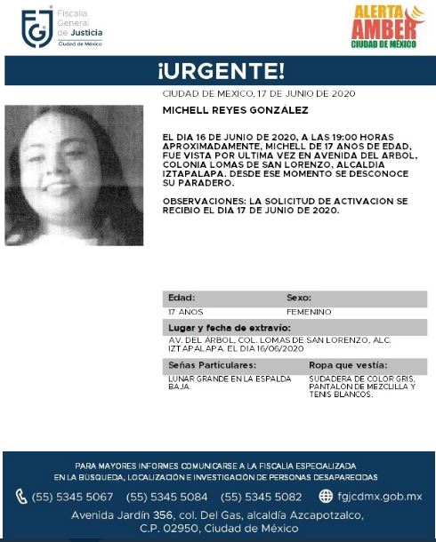 Activan Alerta Amber para localizar a Michell Reyes González. (Foto: @FiscaliaCDMX)